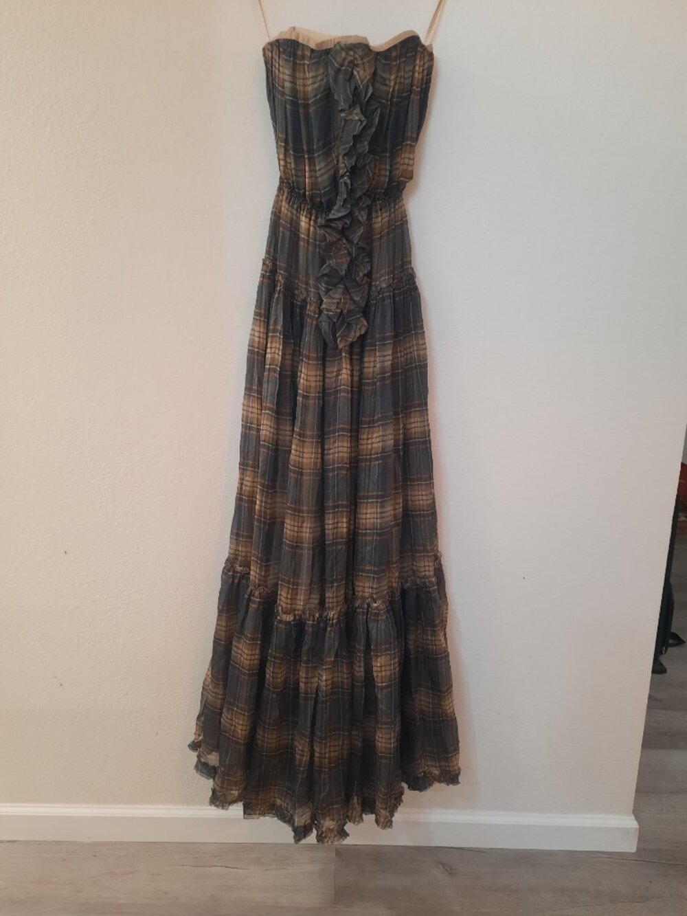 D&G - Dolce&Gabbana Brown Tartan Plaid Silk Long Dress Size 36 NWT